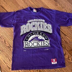 Vintage 90s Nutmeg MLB Colorado Rockies Purple T-Shirt Men Size L Made In USA